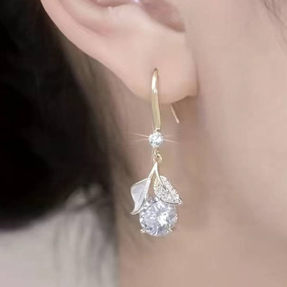 Zircon Ginkgo Leaf Hook Earrings Shiny Sparkle Dangle Drop Festive Sparkle‎ - Picture 14 of 16